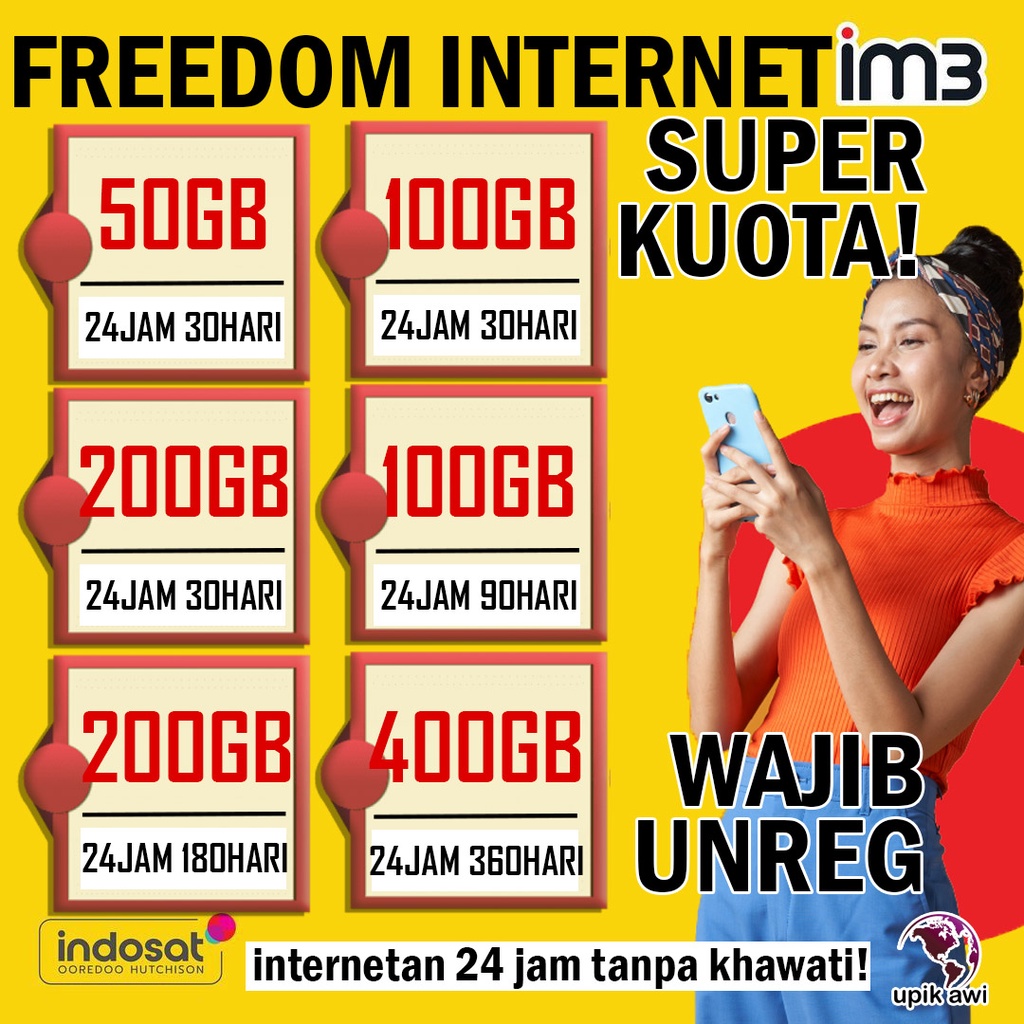 INJECT kuota indosat im3 freedom internet sensasi super kuota jumbo 24 jam 50GB 100GB 200GB 400GB 30 90 180 360 hari hr