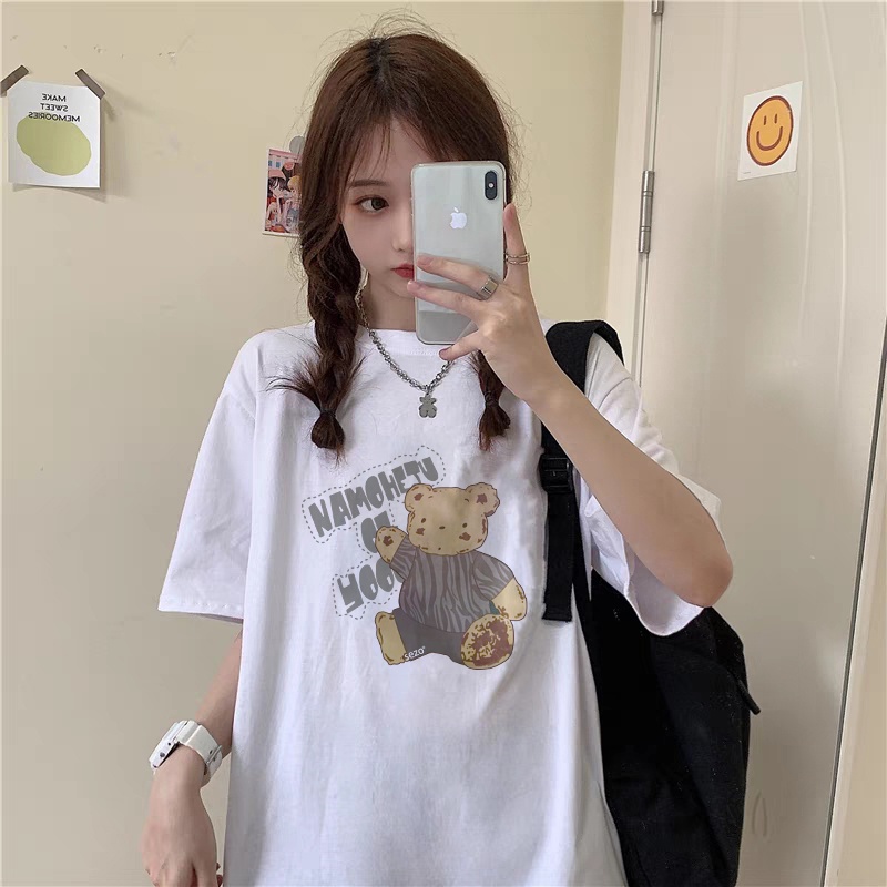 100% Katun Graphic Tee Kaos Couple Baju Wanita Atasan Wanita Oversize Kaos Cute Bear Printing Putih T-shirt Couple Korean Style/baju kaos