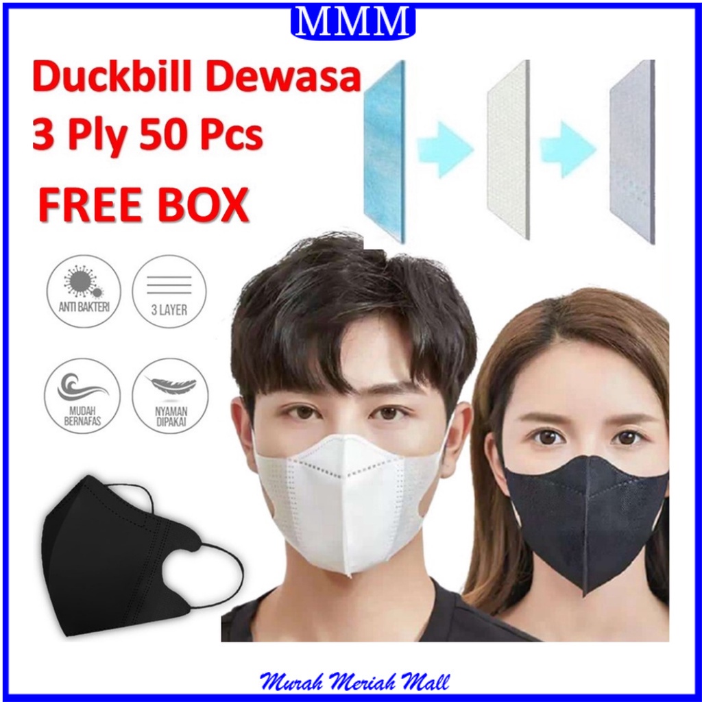 MMM Masker Duckbill 3Ply 50Pcs Mask Earloop 3D Hitam Protective Mask Duckbill Free Box Isi 50 Pcs Murah