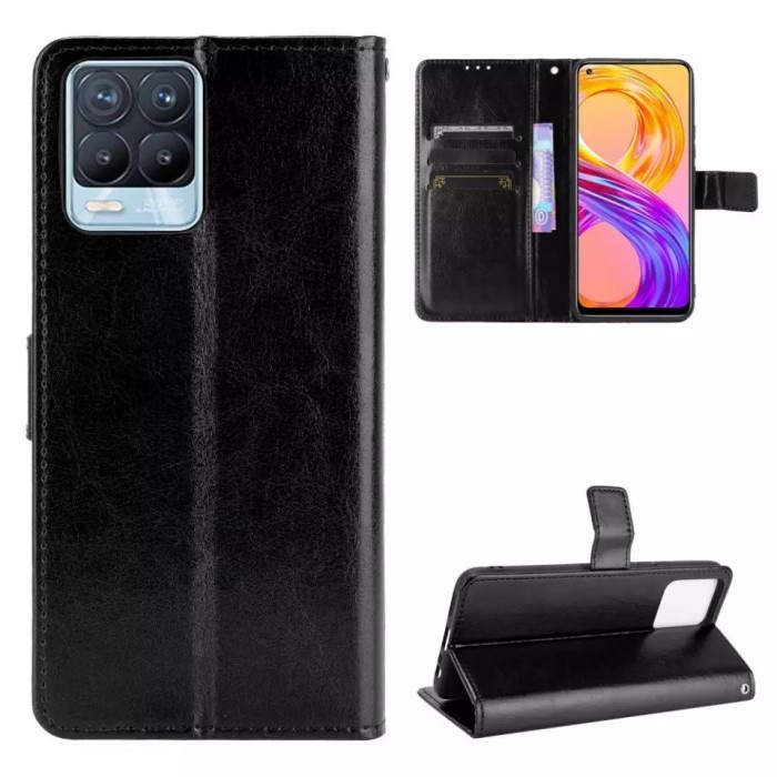 REALME 8 REALME 8 PRO CASE SMART VIEW LEATHER SOFTCASE CASING COVER PELINDUNG KAMERA STANDING BLACK FLIP KANCING