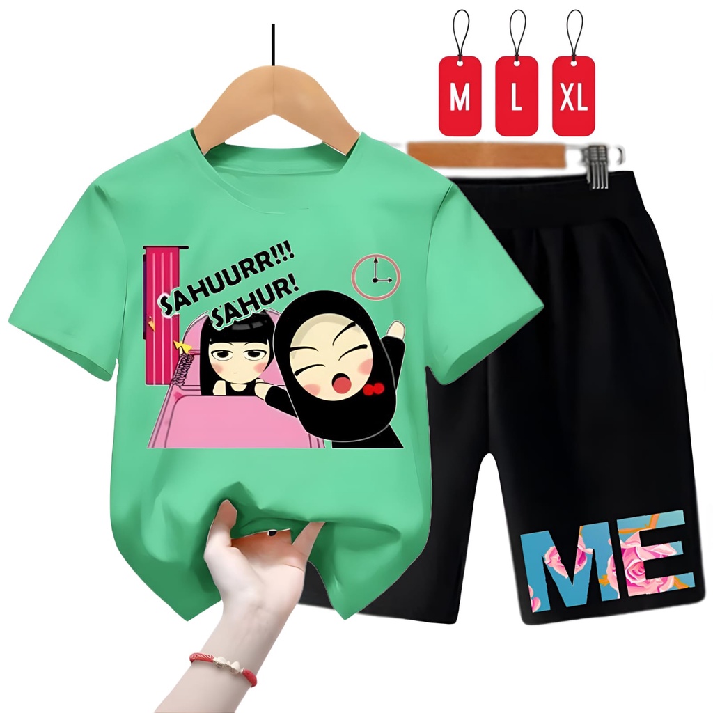 Hzl.outfit Setelan Baju Kaos Anak Cewek Hijab Sahur Sahur M,L,XL