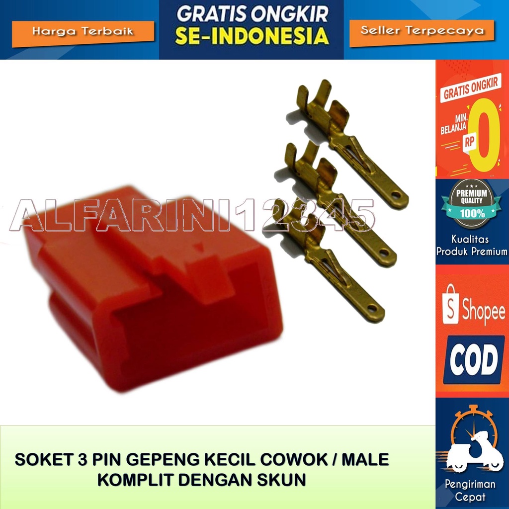 Soket Kabel Gepeng 3 Pin kecil Cowok Male Original Komplit Dengan Skun Warna Merah Bahan Nylon Tahan