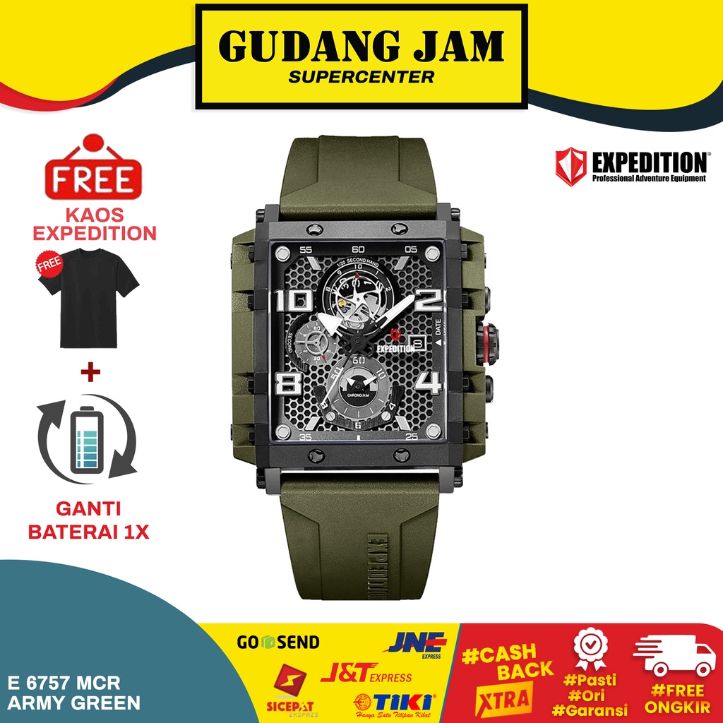 Jam Tangan Pria Expedition E6757M E 6757 M E6757 M E 6757M Rubber Green Dial Black Cronograph