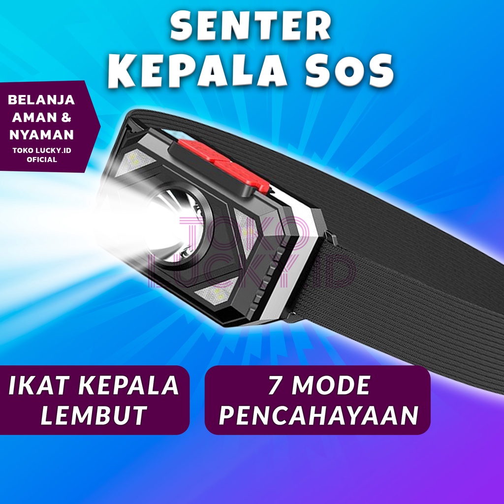 Senter Kepala Super Terang SOS 7 Mode LED Headlamp Kerja