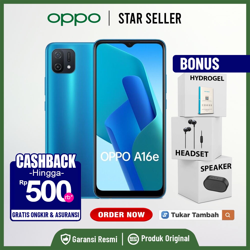 Oppo A16e 4/64GB 3/32GB Garansi Resmi Oppo A16 e Not Oppo A55