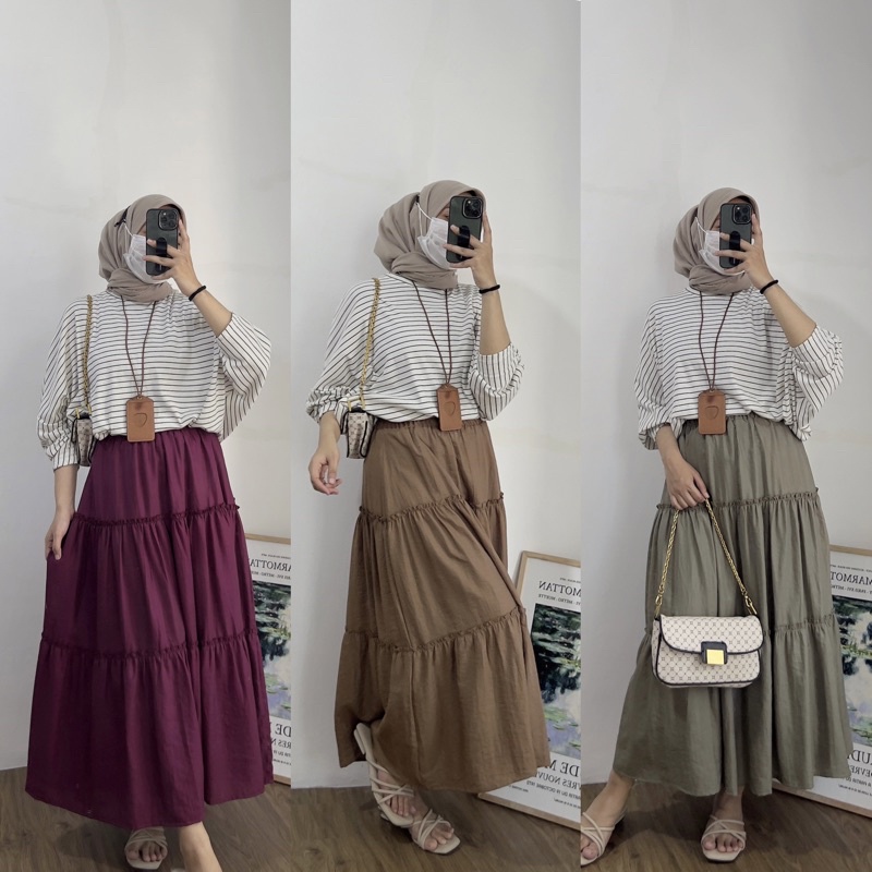 BOGATA SHIMMER SKIRT DENGAN FURING / Rok midi / rok lebar / layer skirt / shimmer skirt