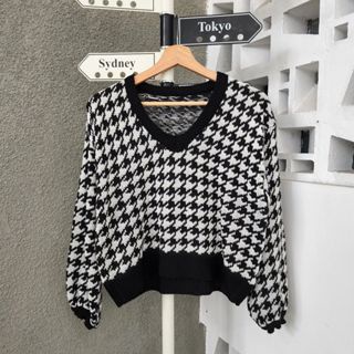 Crop Sweater Houndstooth / Rajut Outer Wanita Trendy Murah / Sweater Rajut Crop Top