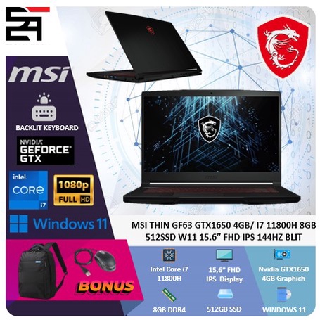 MSI THIN GF63 GTX1650-4GB i7 11800H 8GB 512GB SSD W11 15.6 Inchi FHD IPS 144HZ Blit