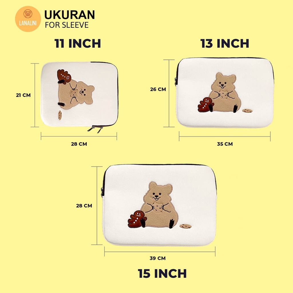 Sleeve Pouch Sarung Tas Bag Case Ipad Tab Tablet Macbook Air Pro Laptop Asus Acer Lenovo HP Huawei 11 12 13 14 15 inch Motif Gambar Beruang Kue Bear Cookies Warna Putih Lucu Cute Murah Korean Model