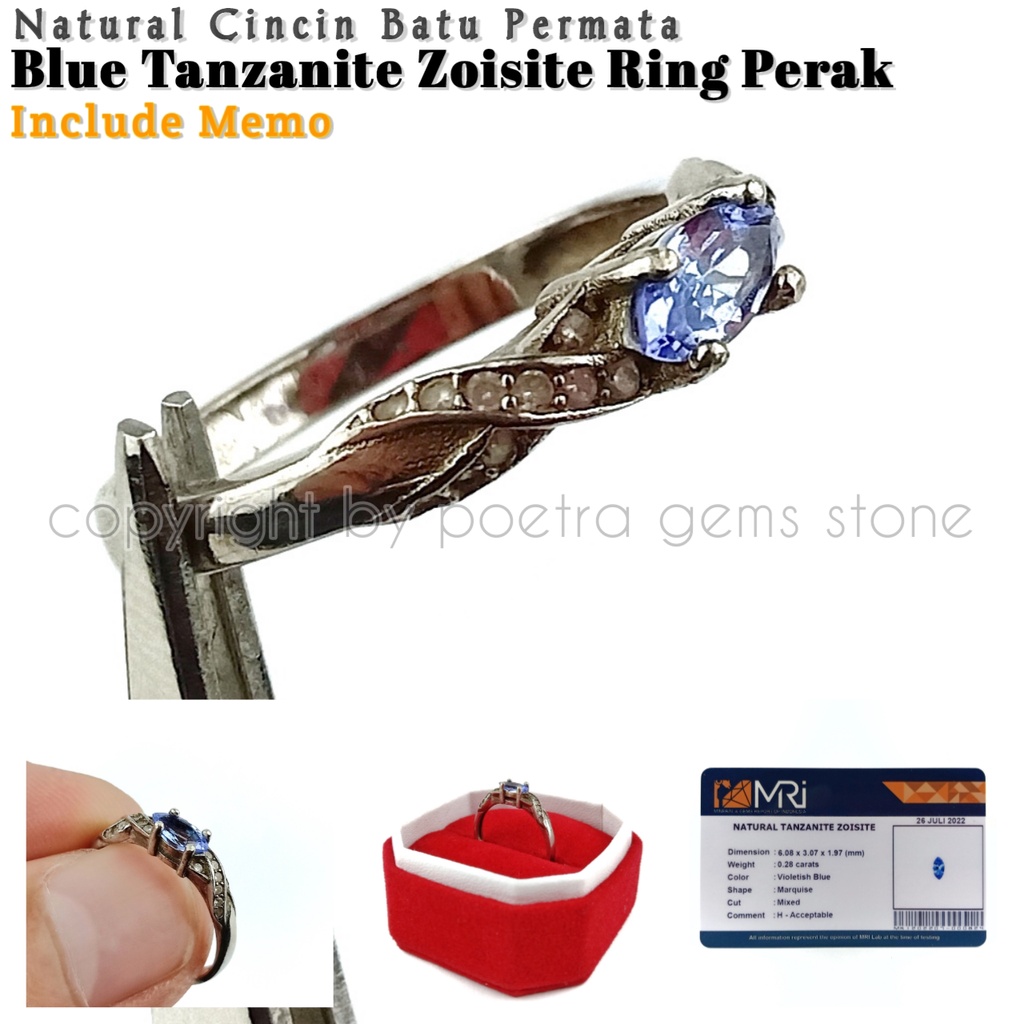 Natural Cincin Perak Permata Blue Tanzanite Zoisite Free Memo