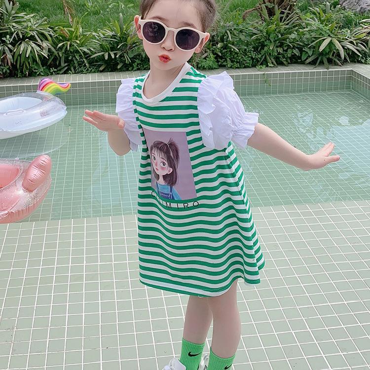 Anak Perempuan Gaun Musim Panas 2023 Anak Baru Gaya Asing Lengan Pendek Bergaris T-shirt Fashion Ana