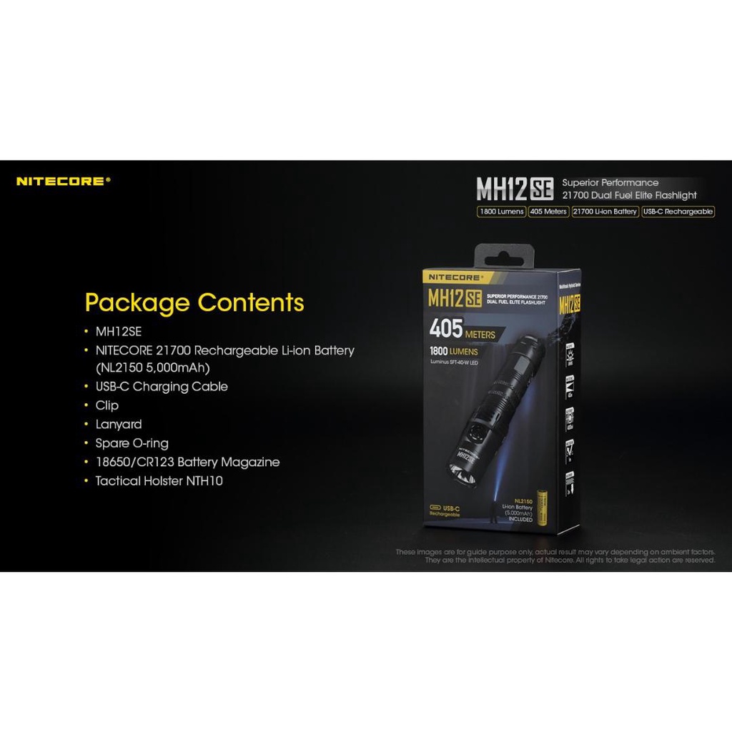 NITECORE Senter LED Compact Flashlight USB Rechargeable IP68 1800lm - MH12SE - Black