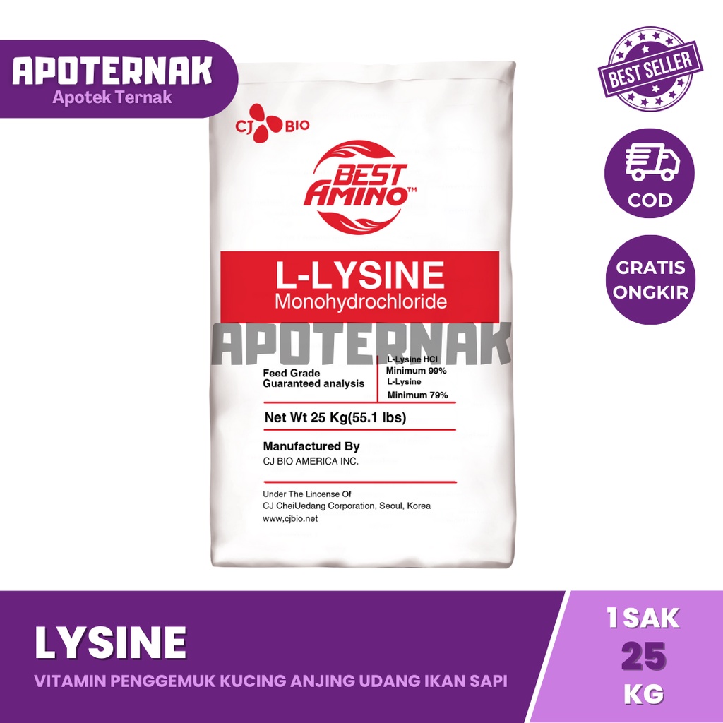 LYSINE 25 kg | Suplemen Vitamin Penggemuk Udang Ikan Kucing Sapi Ayam | L-LYSINE Monohydrochloride LISIN LYSIN HCL LISINE LEUSIN