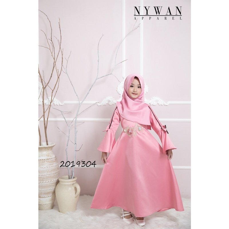 Nywan Apparel baju pakaian Gamis long dress Anak perempuan lebaran 2024 Satin mewah pink, krem, 1,2,3,4,5,6,7,8,9,10,11,12,13,14 Tahun termasuk hijab-2019304 Salem