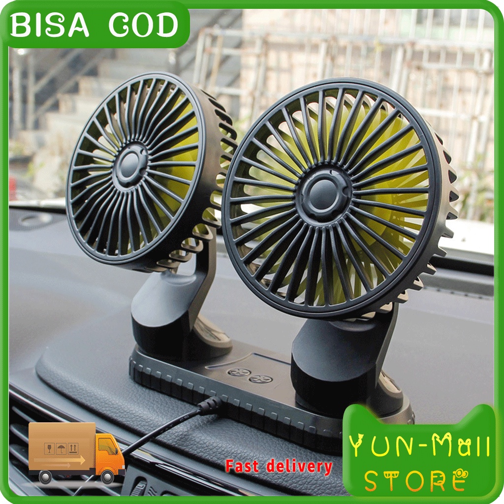 YUN Mall Portable Car Fan Kipas Angin Mobil 12 volt 24 Volt 360 Derajat Double Head USB Dengan 3 Kecepatan Double-Headed Fan Aksesoris