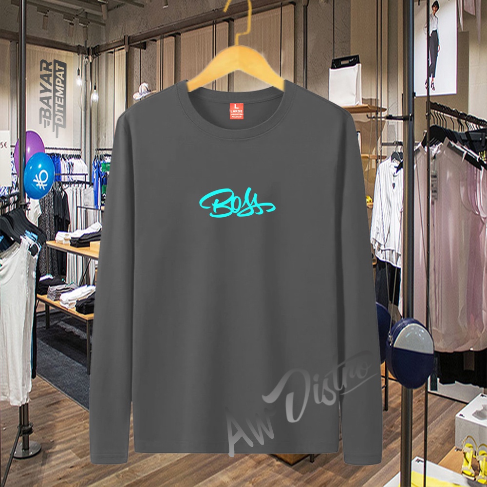 COD Baju Kaos Distro BOSS Teks SkyyBlue Premium Quality Lengan Panjang Kaos Tulisan Kaos Kata-Kata Kaos Sablon Big Size