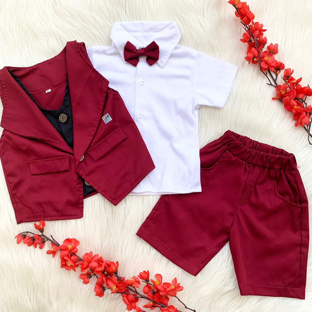 Baju setelan rompi kemeja celana pendek free dasi kupu-kupu pergi jalan pesta kekinian murah -cli