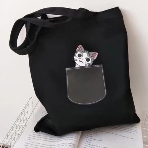 Totebag Wanita Resleting Tas Tote Bag Motif Kucing 35x40cm TB01