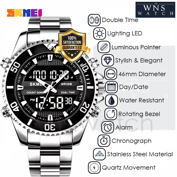 Jam Tangan Rantai Analog Digital Dual Time Original Pria Homage Design Rotating Bezel Elegance Lumin