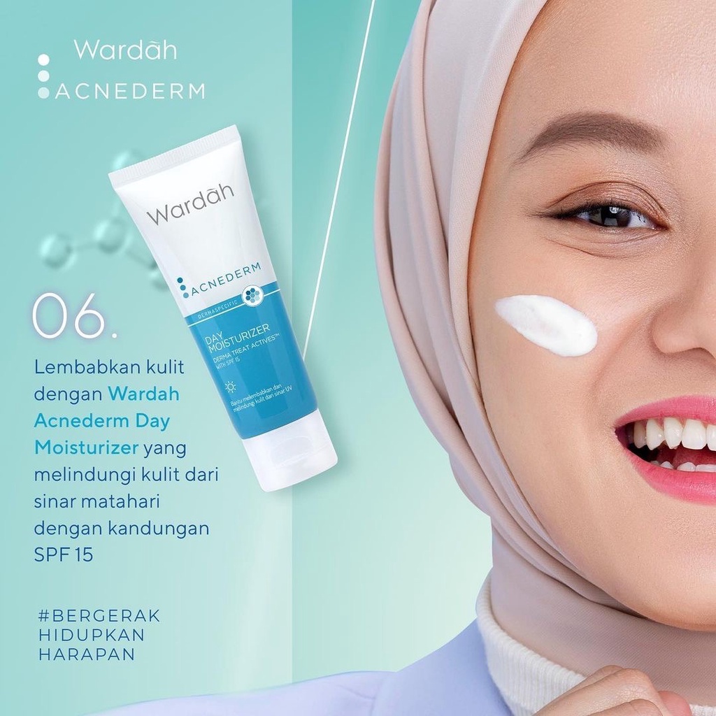 WARDAH Acnederm Day Moisturizer Indonesia / Pelembab Wajah 40ml / Derma Treat Actives With SPF 15 Bantu Melembabkan Dan Melindungi Kulit Dari Sinar UV / Sunscreen Sunblock Skincare Face Care Series / Foaming Cleanser Toner Serum Night Acne Spot Gel Powder