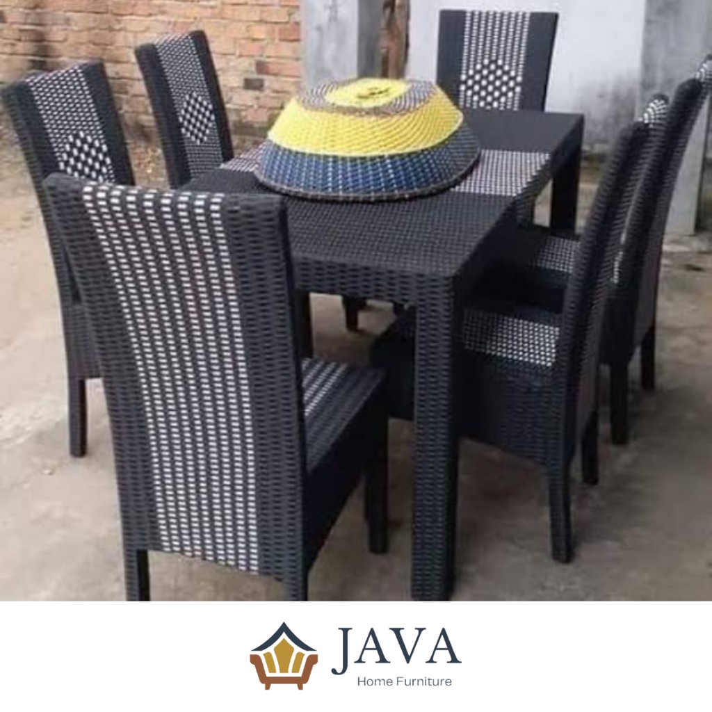 (GRATIS ONGKIR) Set Meja Makan 6 Kursi Rotan Sintetis + Jok - Java Home Furniture