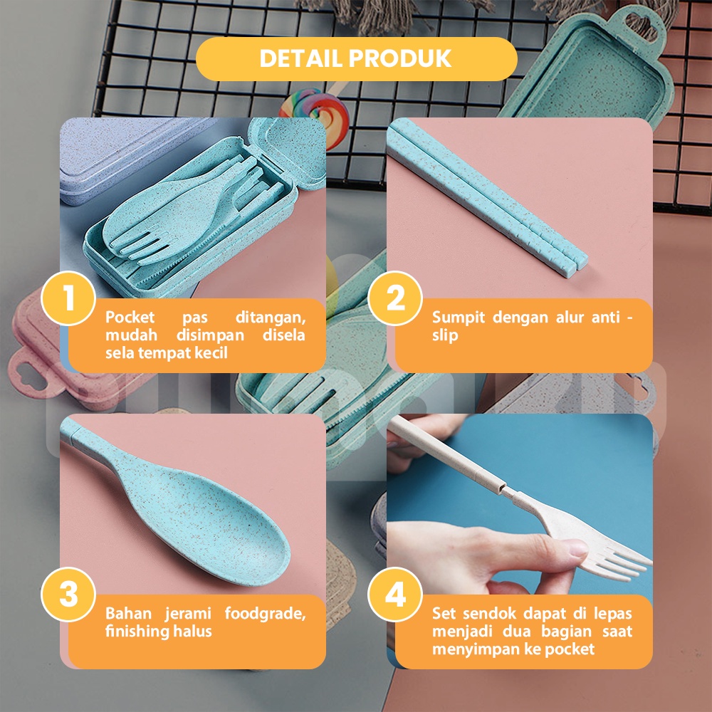 Rumaku Peralatan Makan Set 4 Pcs Sendok Garpu Pisau Sumpit Set Praktis Bahan Plastik Jerami