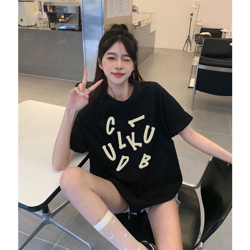 EUNII T-shirt Lengan Pendek Gaffiti In English Korean Style/Kaos Atasan Wanita/Baju Kaus Oversize Wanita/Kaos Wanita