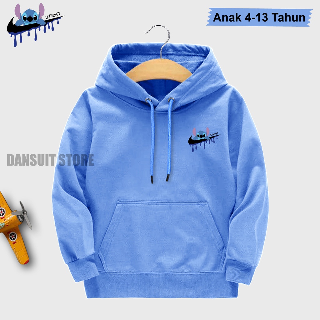 Sweater Hoodie Anak Laki-laki/Perempuan Usia 4-13 Tahun Hoodie Anak Sablon Motif Karakter STITCH Bahan Tebal Premium