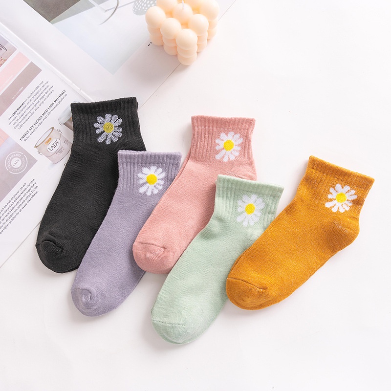 T&amp;Y Kaos Kaki Wanita Motif Bunga Aster Kaus Kaki Pendek Socks Kaos Kaki Bunga Daisy Korea Murah Import