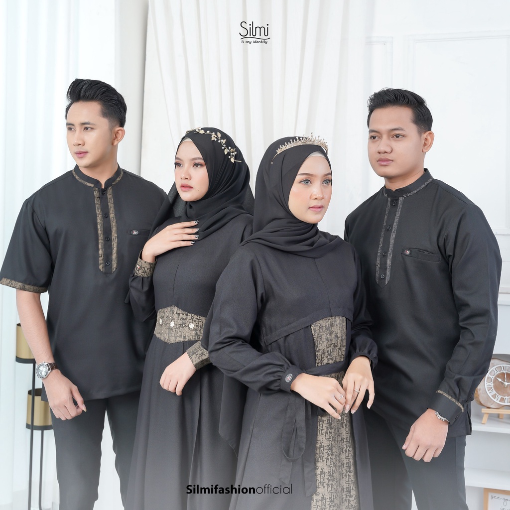SARIMBIT COUPLE BLACK SERIES BY SILMI FASHION BAHAN KATUN MADINA JAQUARD BAJU BUSANA MUSLIM PRIA WAN