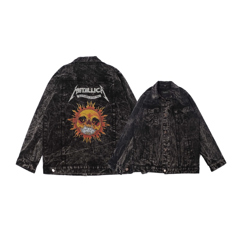 Jaket Jeans Sandwash Pria motif Metallica Summer Washed Grey Jacket