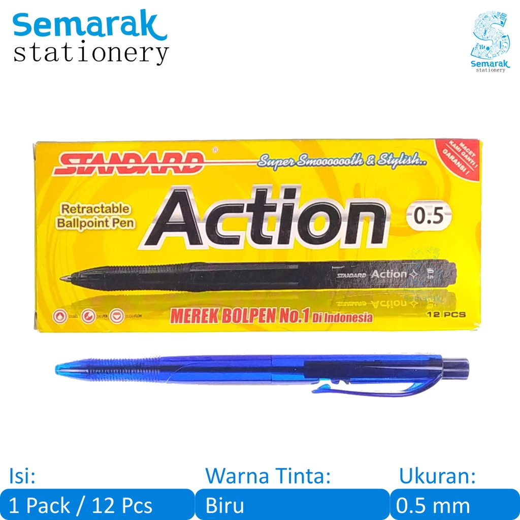 

Standard Action Retractable Ballpoint Pen Pulpen Cetek Oil gel 0.5 - Biru [1 Pack / 12 Pcs]