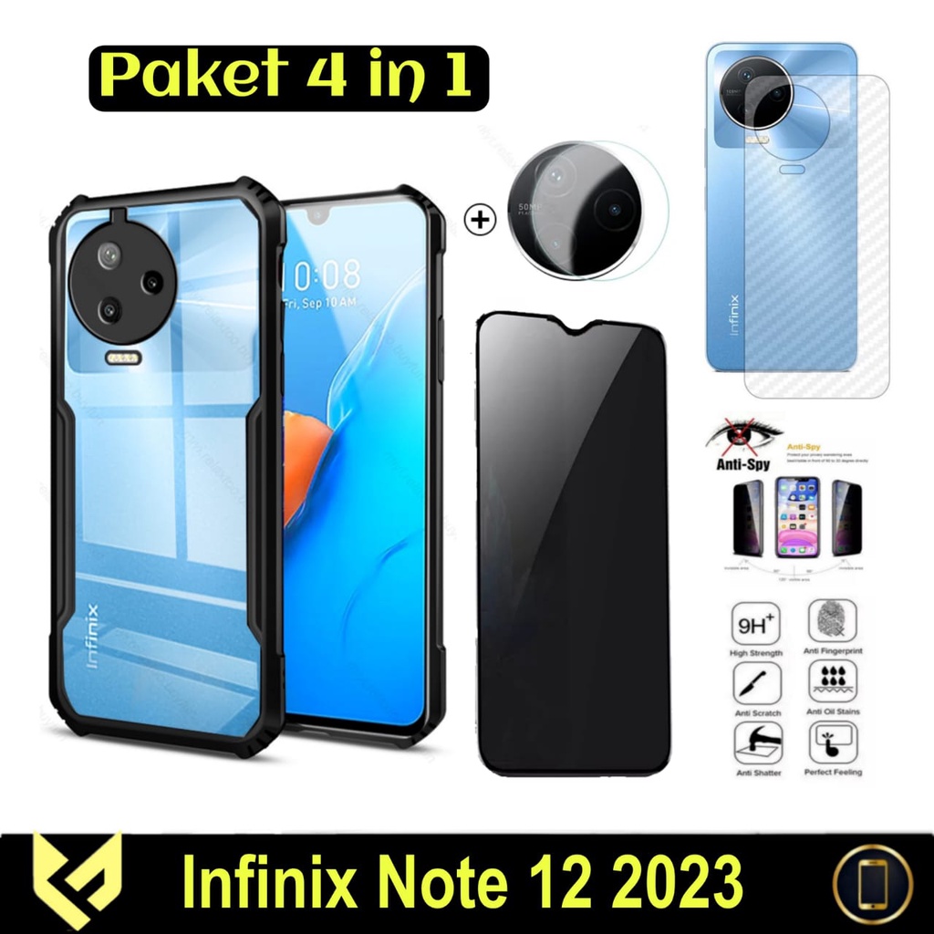 PROMO Paket 4IN1 Case For INFINIX NOTE 12 2023 SoftCase Fusion Free Tempered Glass Layar Warna &amp; Tempered Glass Camera &amp; Garskin Carbon