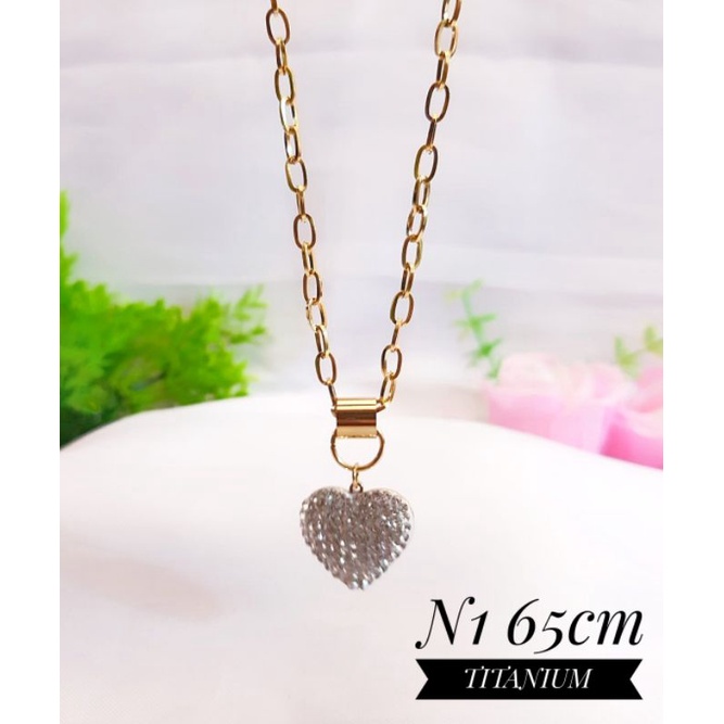 Kalung Hijab Titanium Wanita Dewasa Terbaru Gold Cantik Motif Love Permata Zircon Panjang 65cm 903a6