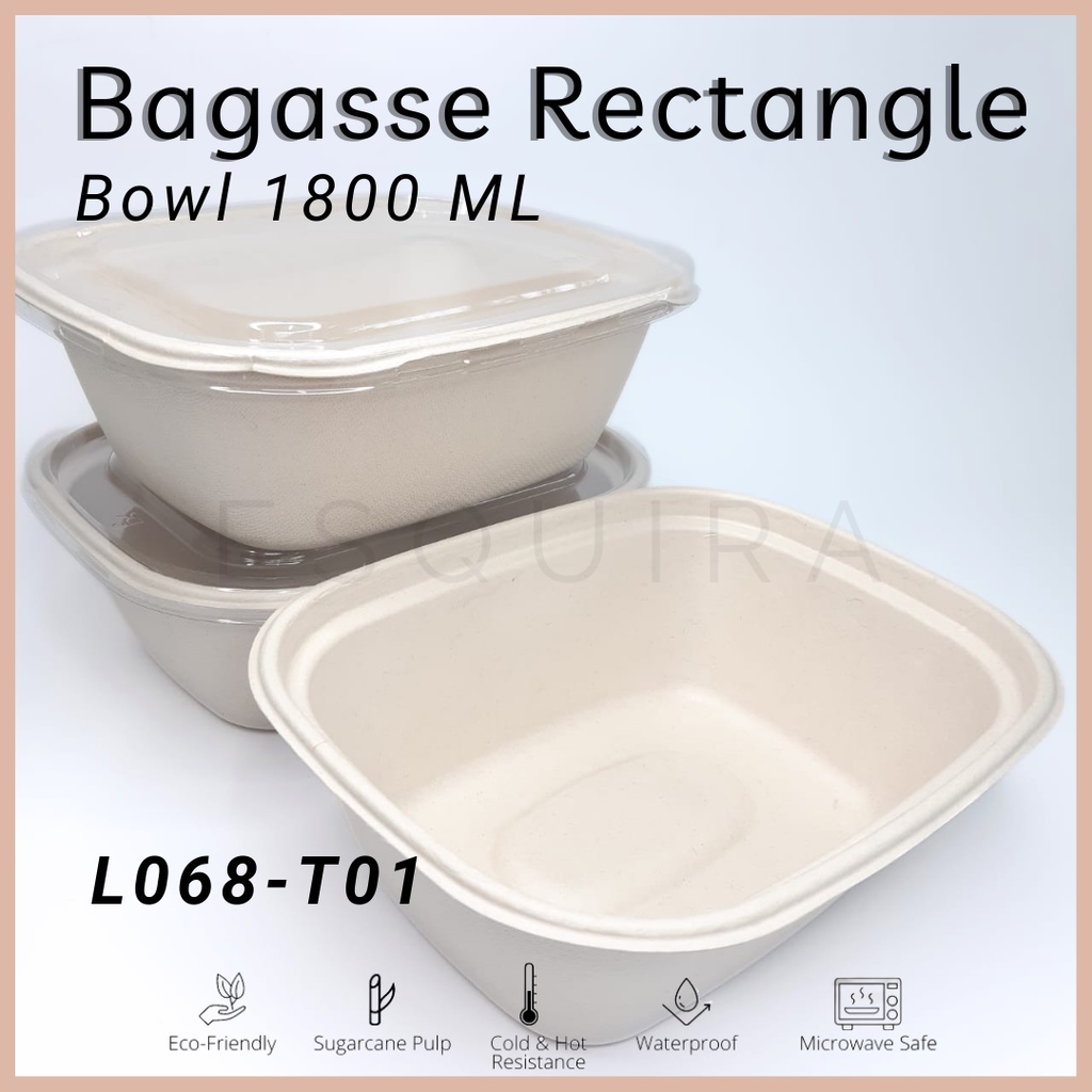 Bagasse Rectangle Bowl 1800 ML + Lid / 10 PCS / L068-T01