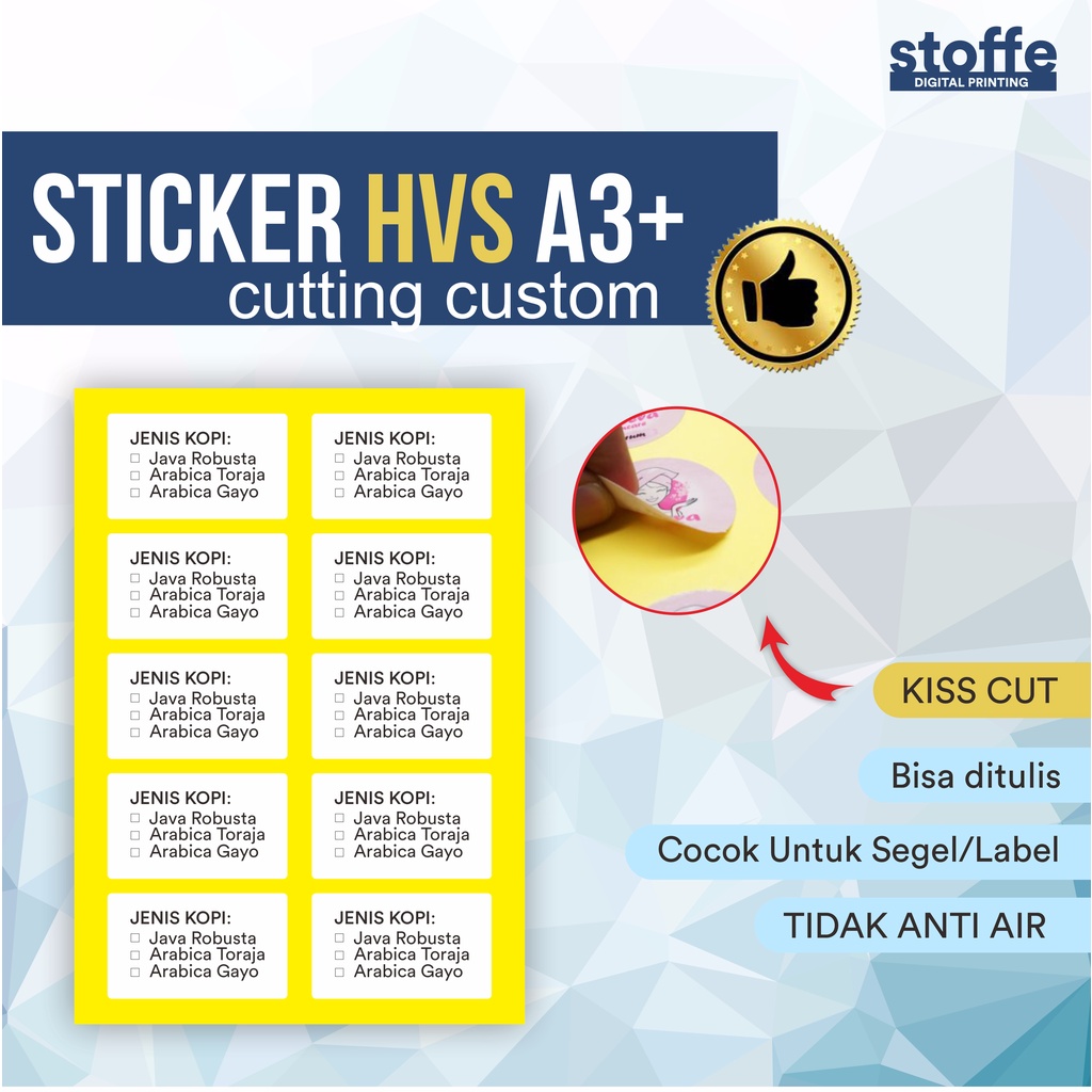 

Cetak Sticker HVS A3+ / Stiker Label Kemasan Produk / Sticker Segel Kemasan