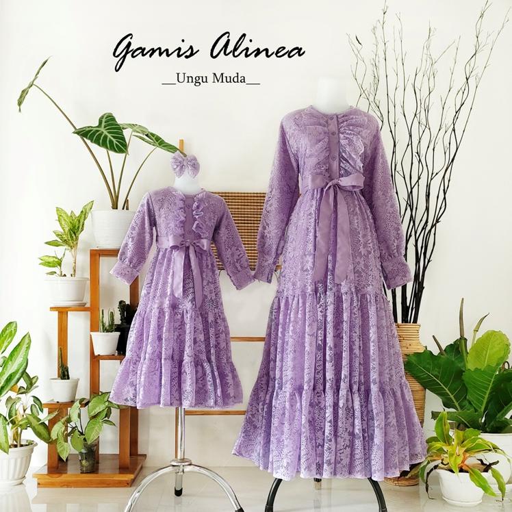PROMO Gamis Alinea Set Family Ungu Muda | Baju Unik | Gamis lebaran murah | Gamis lebaran keluarga |