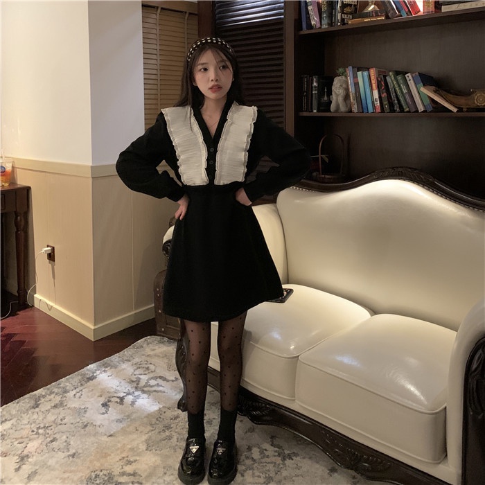 Red kumikumi perasaan desain ruffles jahitan V-neck lengan panjang gaun musim gugur pinggang pelangsing rok pendek A-line wanita