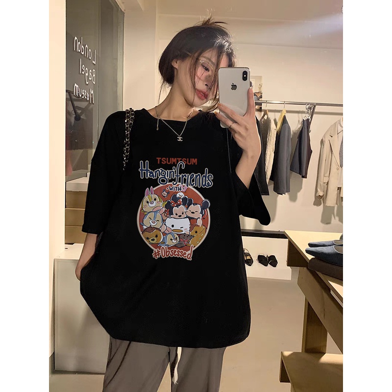 Kaos Couple Korean Style Oversize Letter and Cartoon Pattern Printing Lengan Pendek T-shirt Vintage Kaos Cream