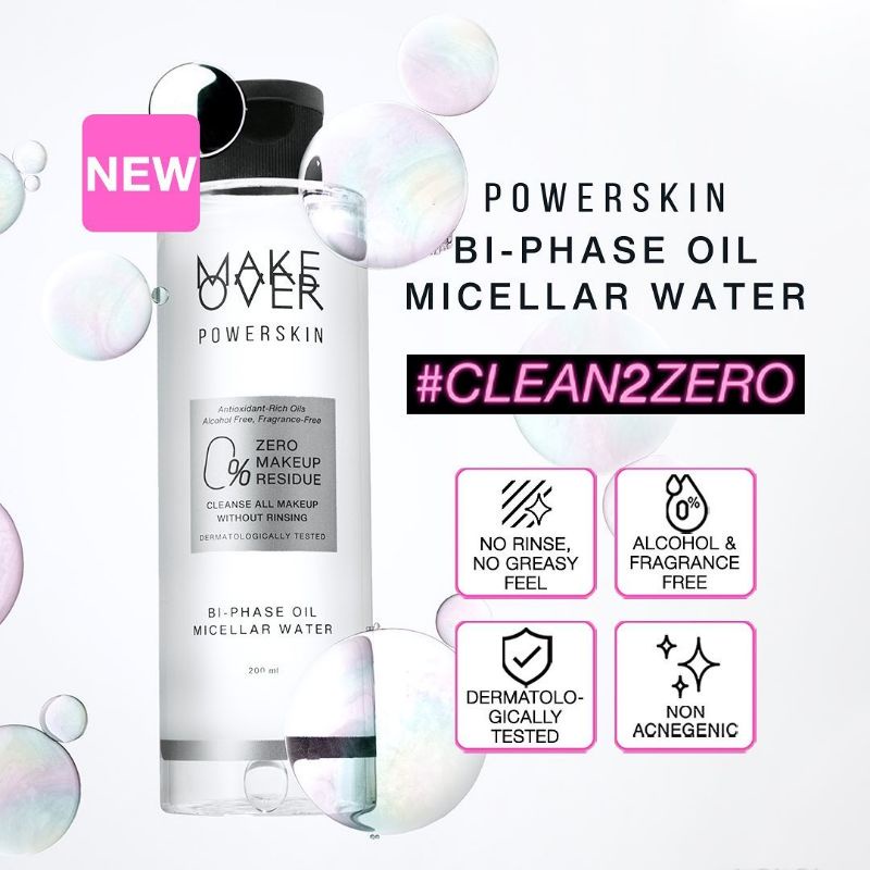 MAKE OVER Powerskin Bi-Phase Oil Micellar Water, 200 ml - Pembersih Make Up Waterproof