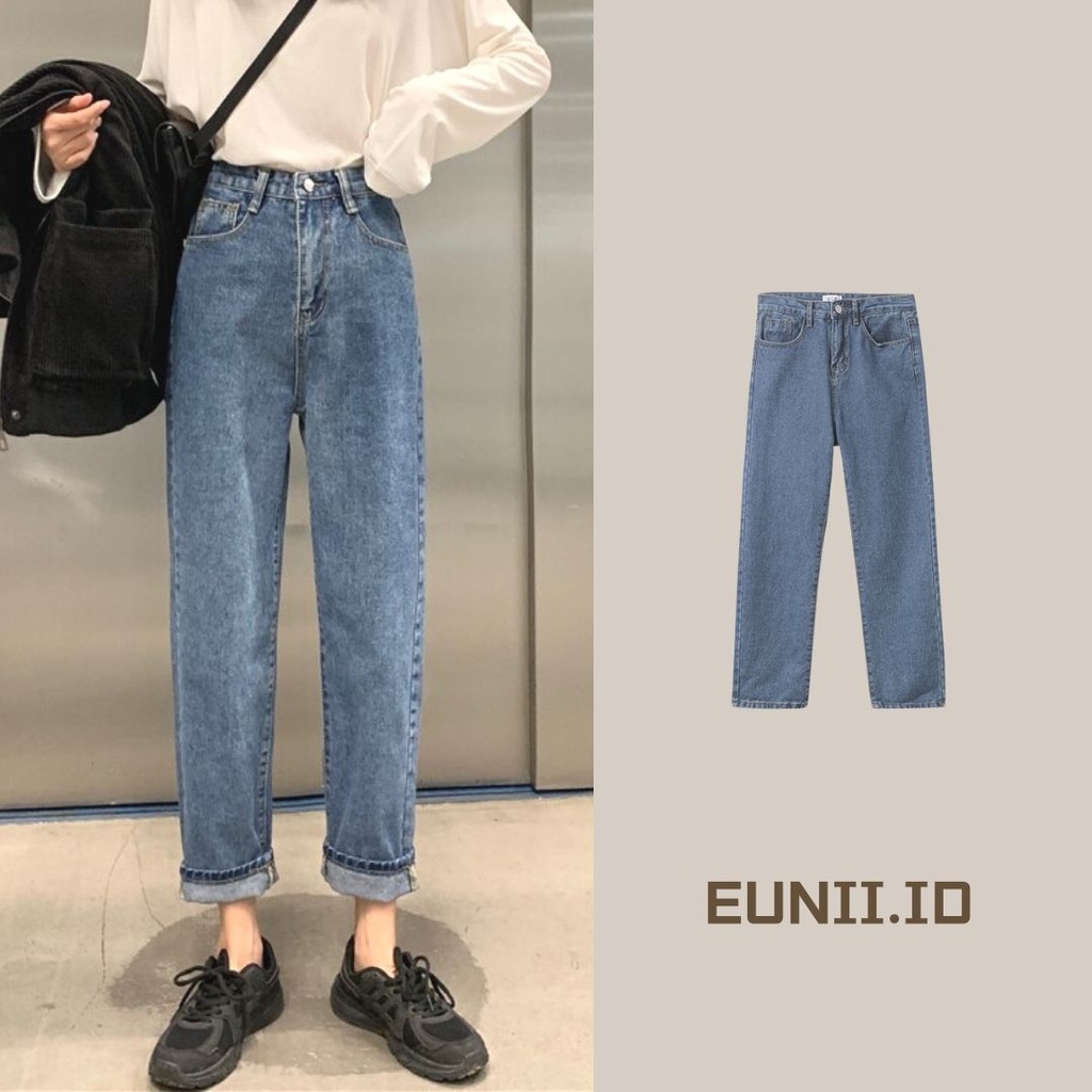 EUNII Celana Panjang Pants Wanita Jeans Straight Cropped Jeans High Waist Korean Style