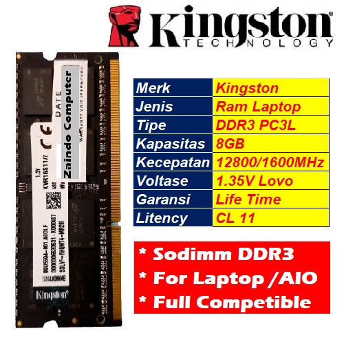 KINGSTON SODIMM DDR3 8GB PC3L 12800/1600 MHz 1.35V - MEMORY LAPTOP DDR3 8GB KINGSTON