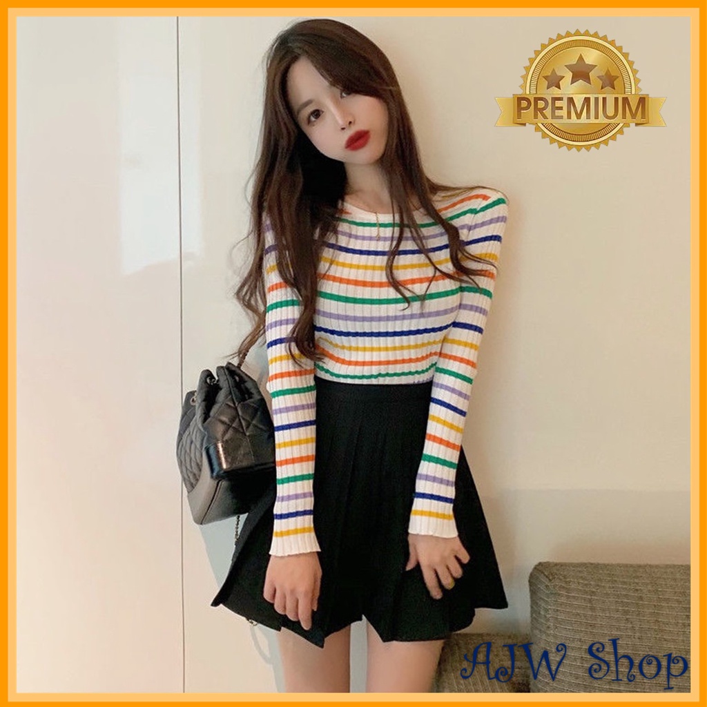 AJWShop ZU Atasan Rajut Wanita Lengan Panjang Rainbow Korean Style Cute Import Premium | Baju Rajut Lengan Panjang Pelangi Garis Garis Salur Rainbow | Kaos Rajut Import Lengan Panjang | Atasan Wanita Kekinian Korean Style Import Premium | Baju Rajut