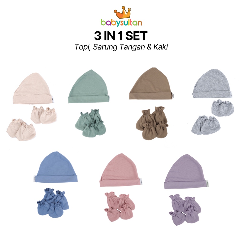 Set Topi dan Sarung Tangan Kaki Bayi Polos Pastel babysultan