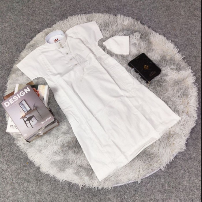 Koko Gamis Jubah Anak Laki-laki Lengan Pendek Premium Motif 0028 - Putih, 1 Berkualitas B3N8