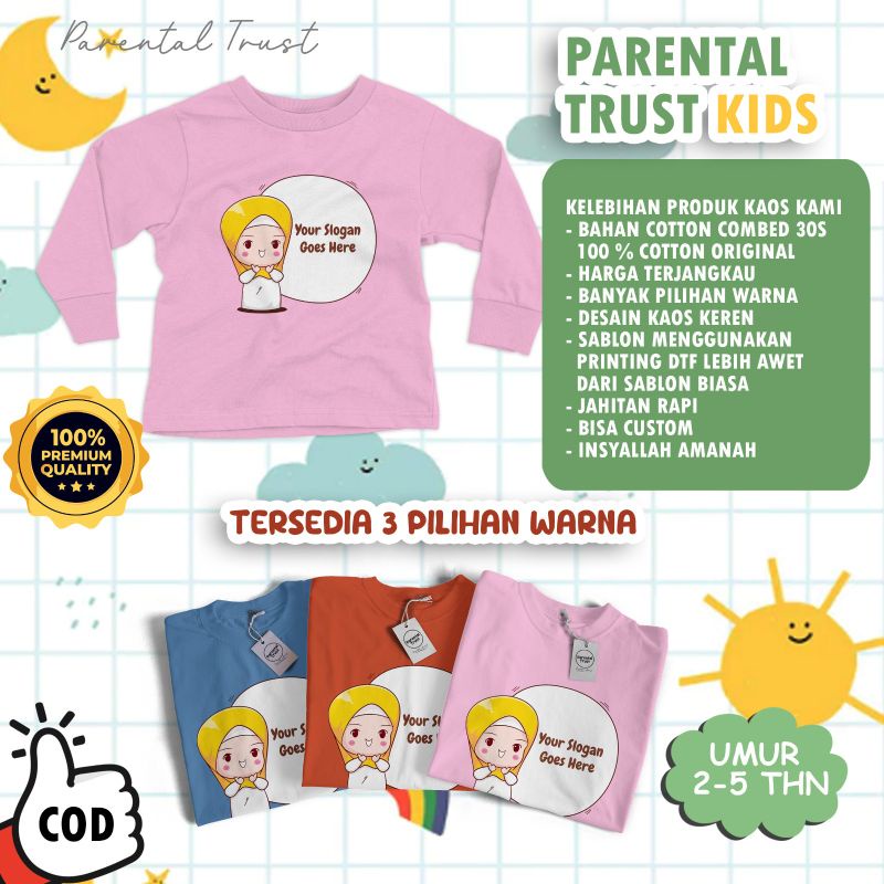 Kaos anak perempuan sablon kata2 gratis edisi muslim islami bahan cotton combed 30s original katun u