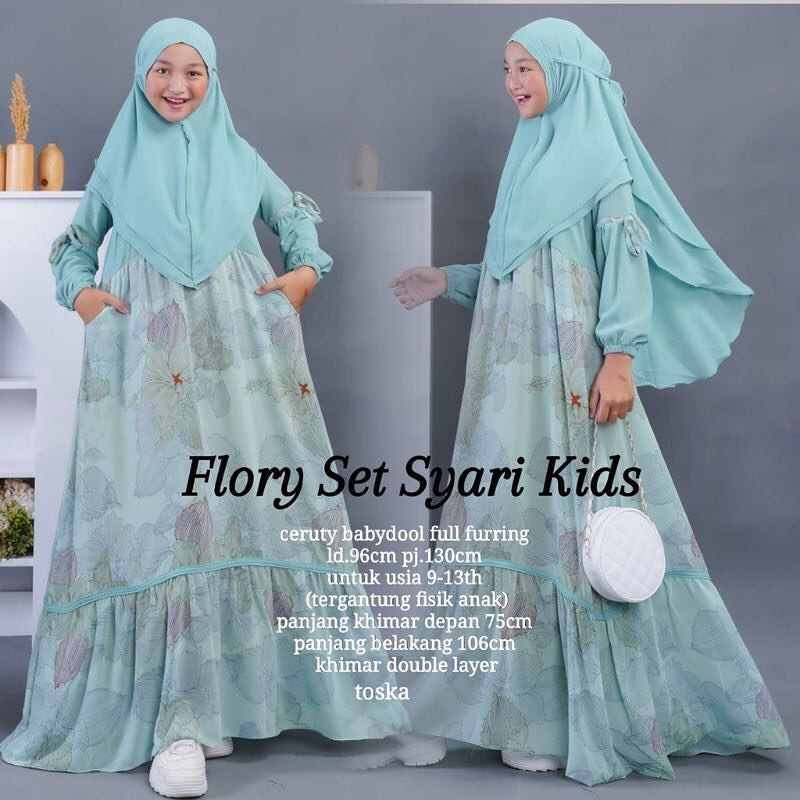 Flory Set Syari Kids Bahan Ceruty Babydoll Ful Puring Usia 9 – 13 Tahun Gamis Syari Anak Perempuan T