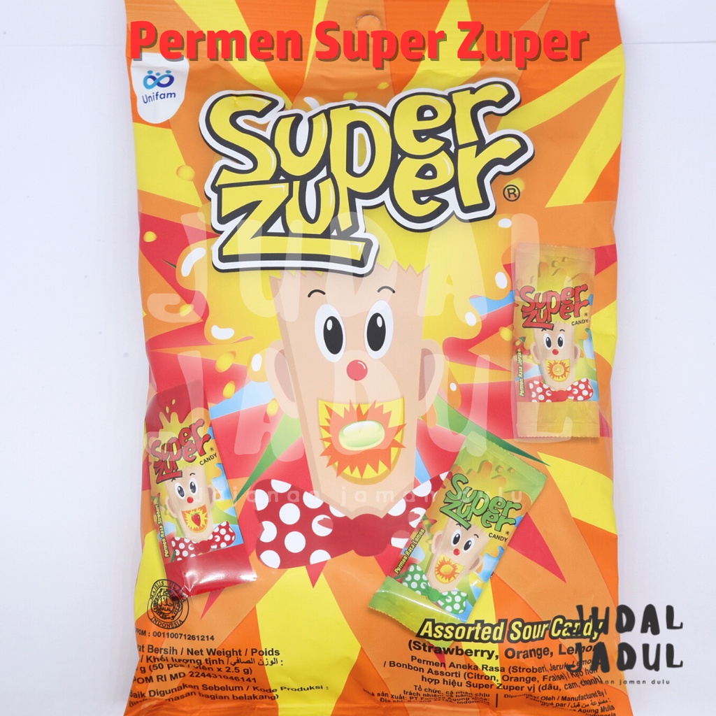 

Permen super zuper 125gr ( 1 Pcak Isi 50pcs ) By JudalJadul