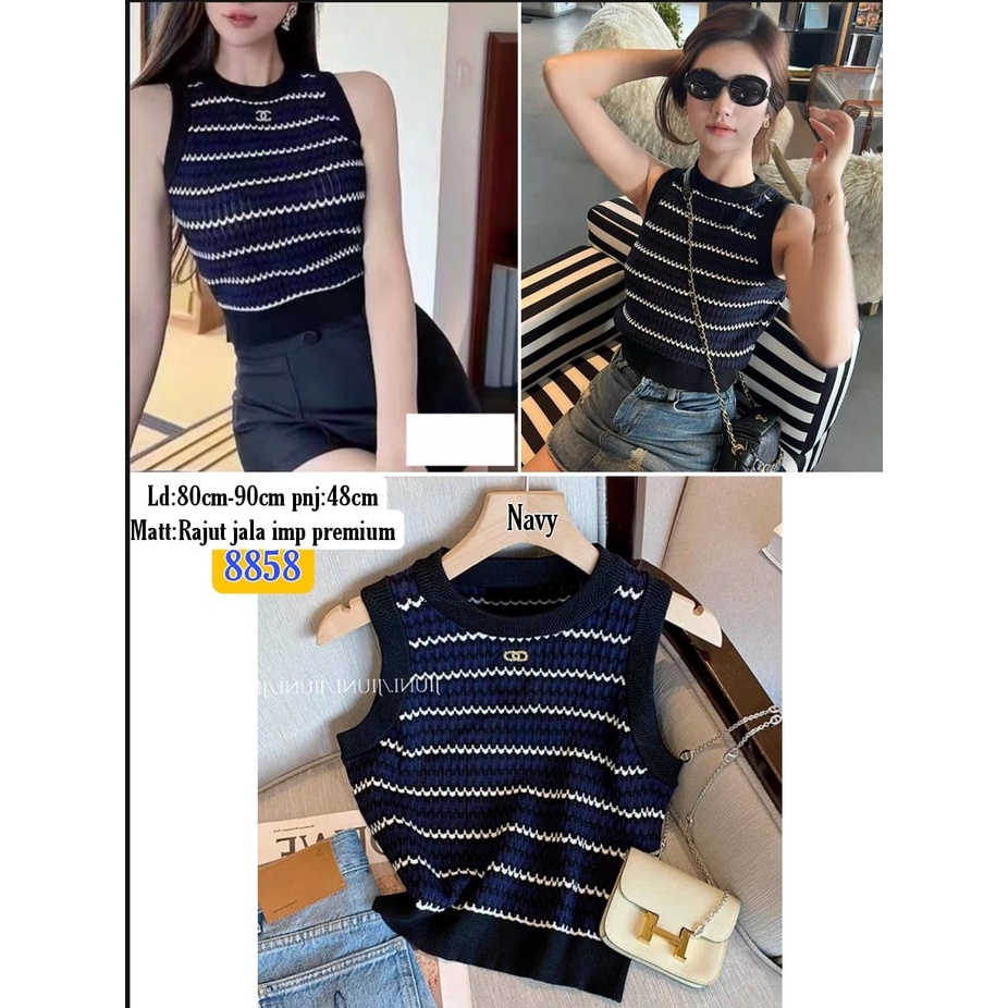 TENGTOP RAJUT SALUR WARNA NAVY 8858/CROP TOP IMPORT / PAKAIAN RAJUT KOREA / ATASAN TENGTOP KEKINIAN