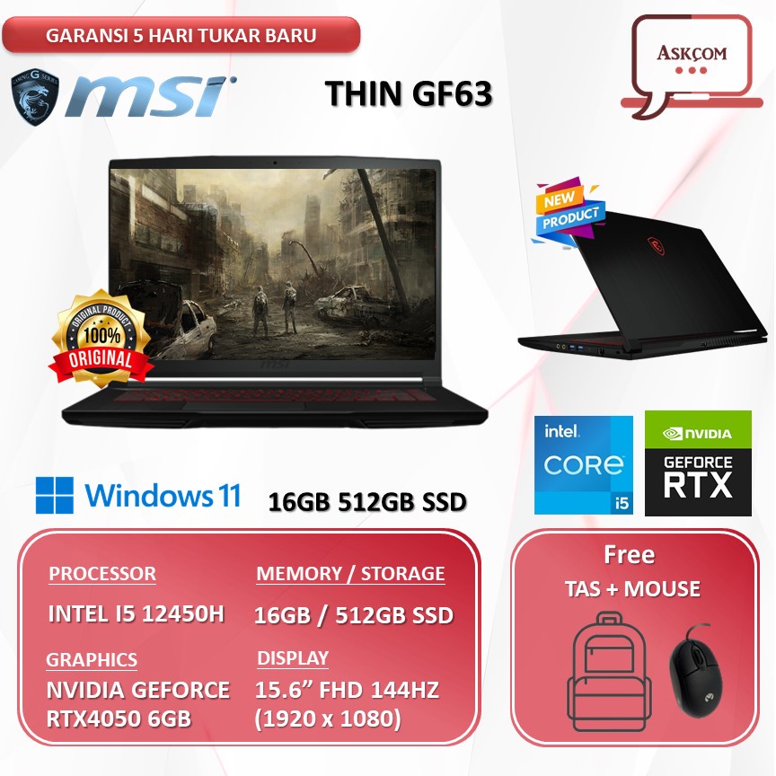 Laptop MSI THIN GF63 RTX4050 6GB  I5 12450H 16GB 512GB SSD W11 15.6FHD IPS 144HZ BLIT 12VE.043